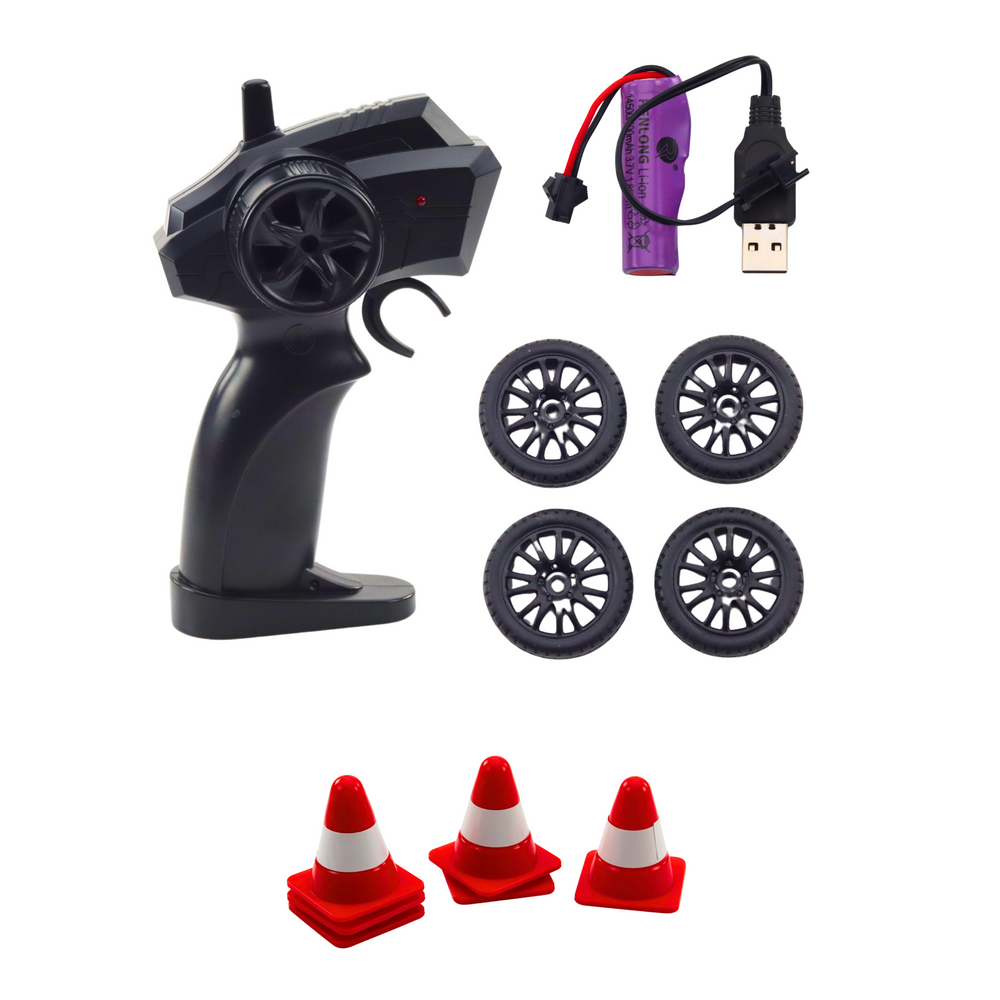 Nuotoliniu būdu valdomas drifto automobilis su keičiamais ratais, mėlynas