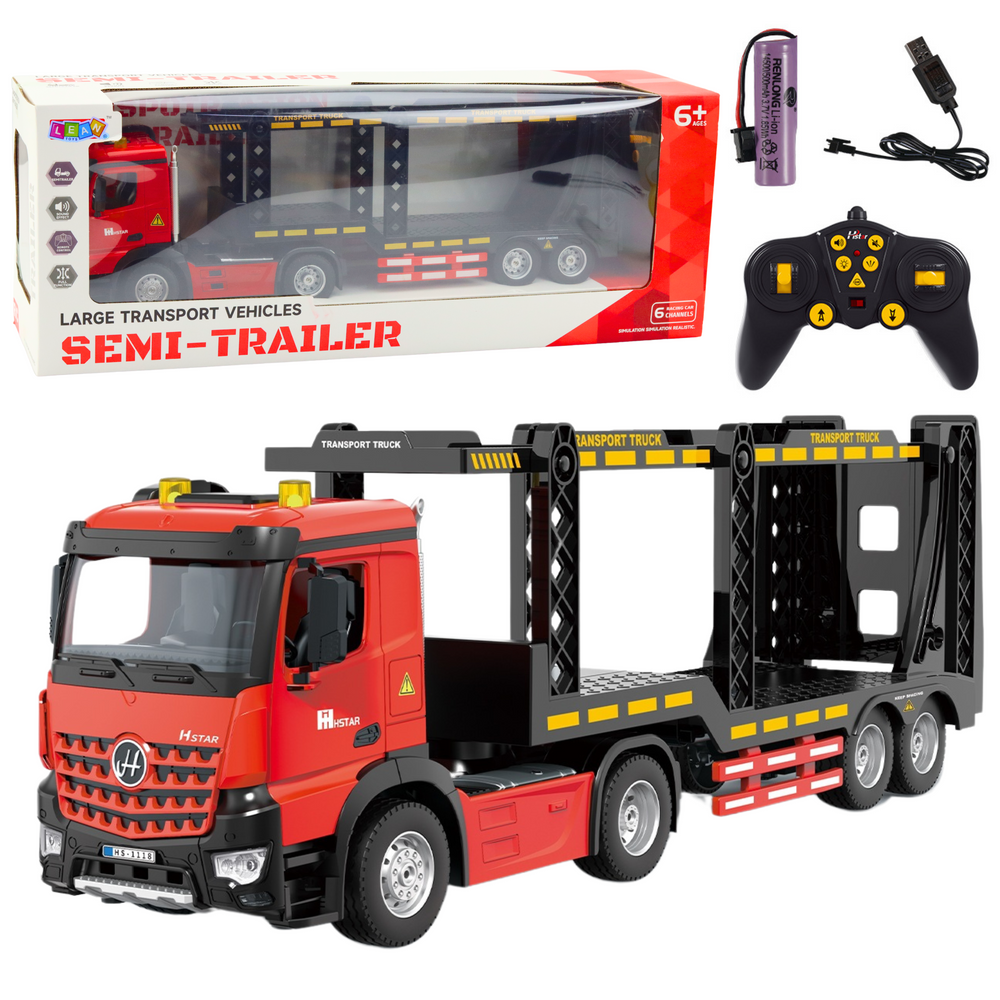 Didelis nuotoliniu būdu valdomas sunkvežimis su priekaba, raudonas