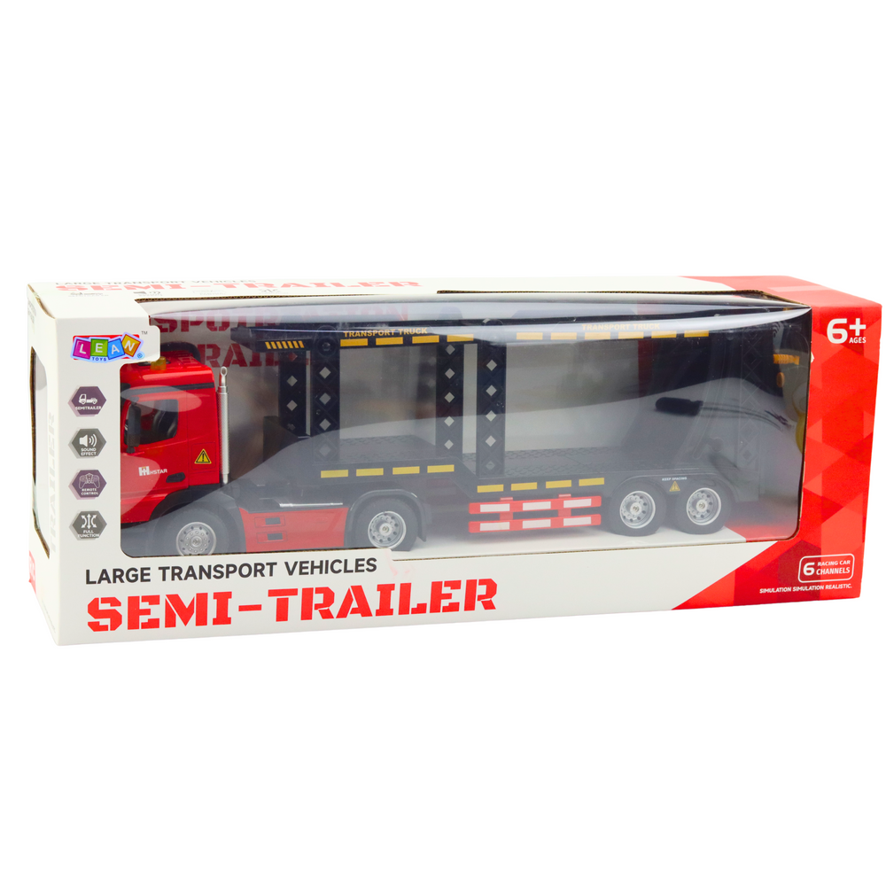 Didelis nuotoliniu būdu valdomas sunkvežimis su priekaba, raudonas