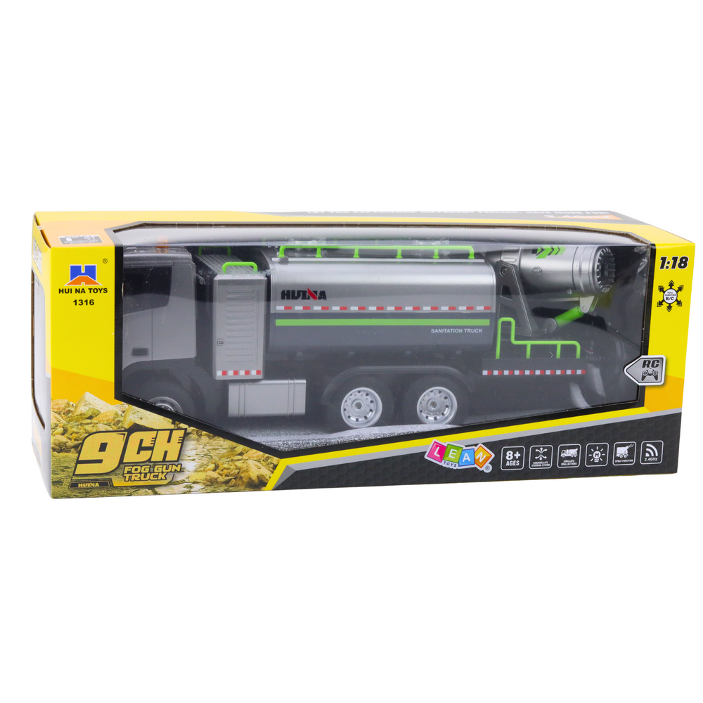 Nuotoliniu būdu valdomas sunkvežimis cisterna su vandens purkštuvu Huina 1:18, pilkas