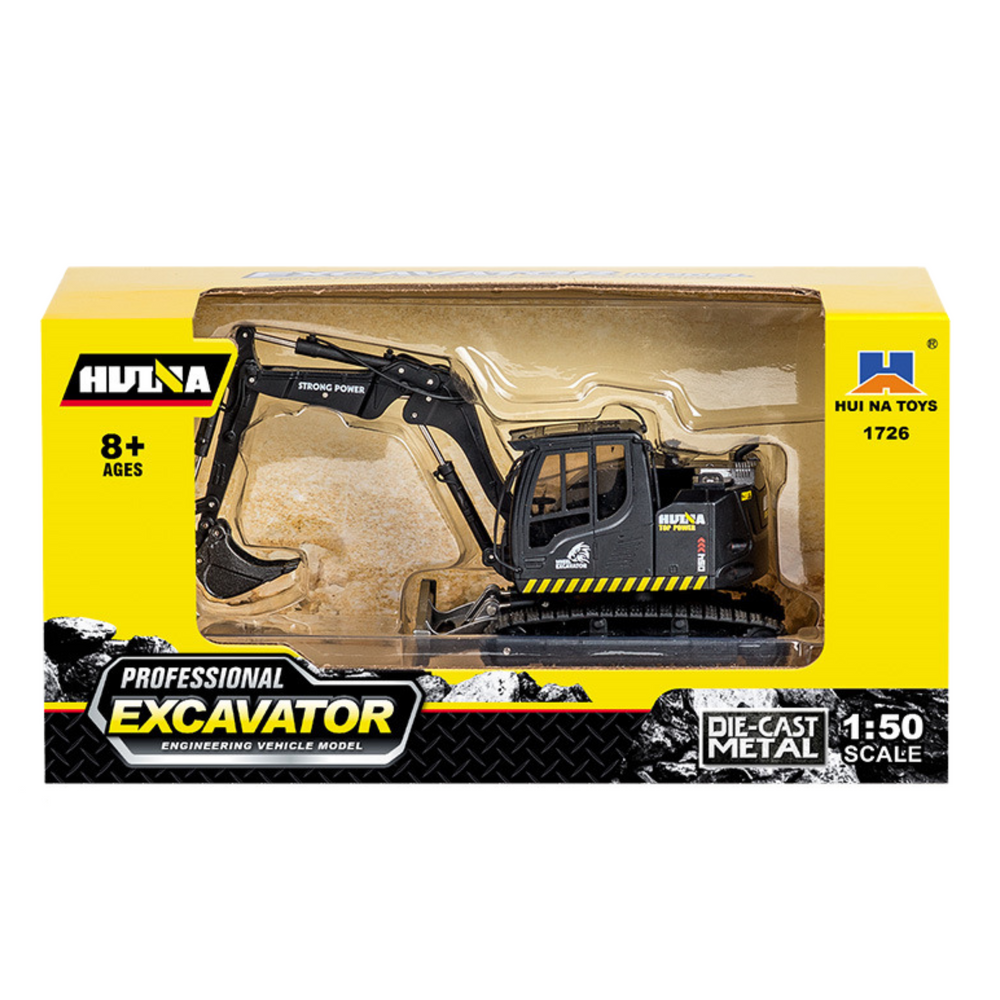Žaislinis metalinis ekskavatorius judančiu kaušu Huina, juodas