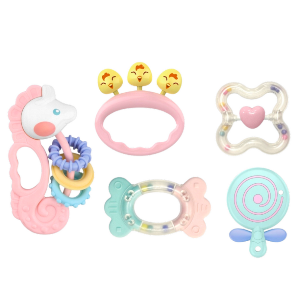 Sensorinių barškučių rinkinys vaikams 5 vnt., rožinis