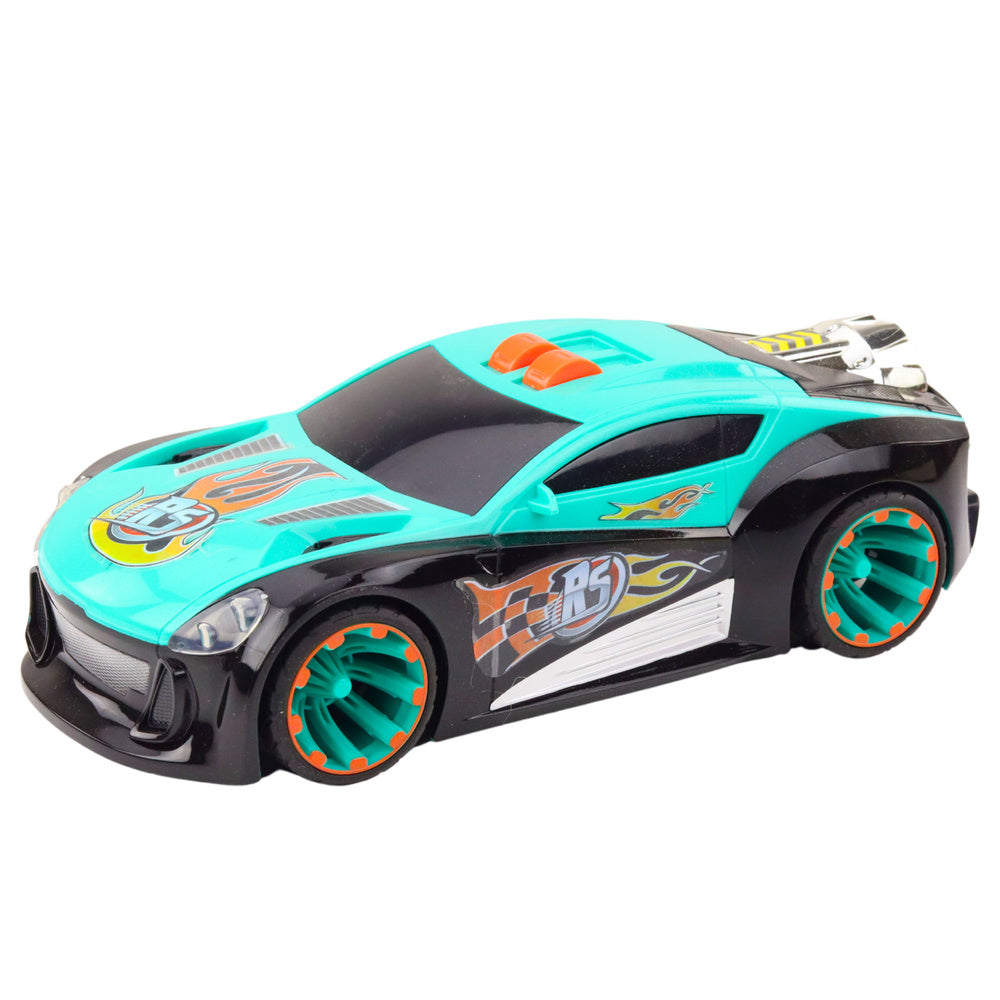 Interaktyvus lenktyninis automobilis su raketa, varomas galiniais ratais