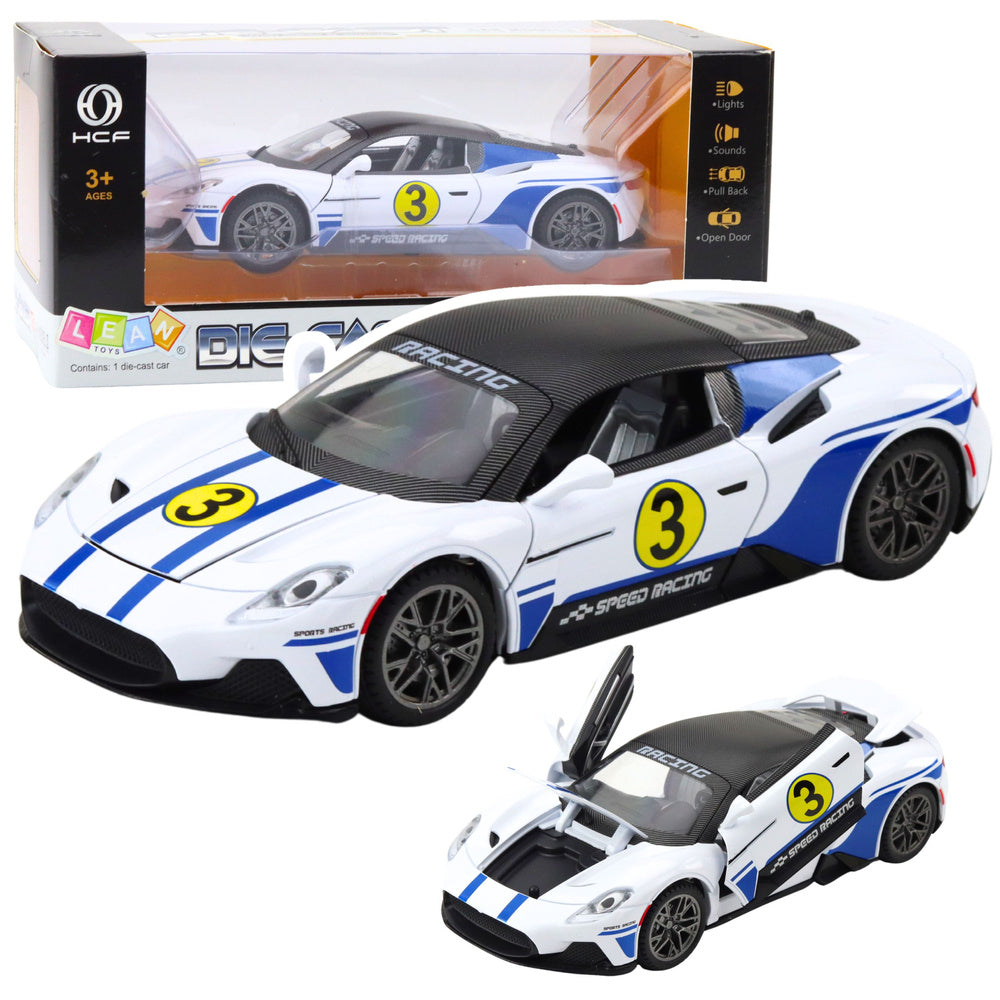 Metalinis sportinis automobilis su šviesomis ir garsais  1:22, baltas