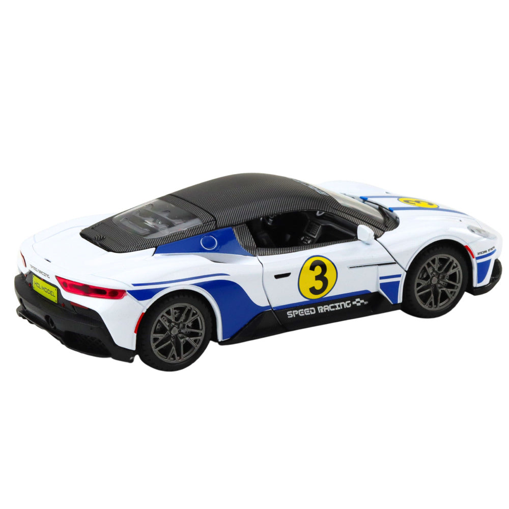 Metalinis sportinis automobilis su šviesomis ir garsais  1:22, baltas