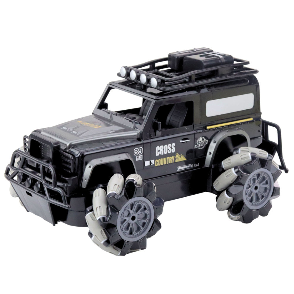 Nuotoliniu būdu valdomas visureigis su 360° pasukimu ir šoniniu slydimu 1:12, juodas