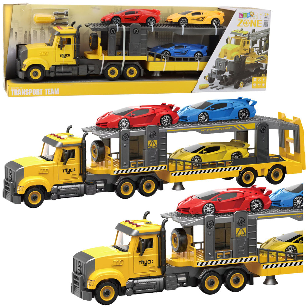 Žaislinis vilkikas su priekaba, atsuktuvu ir automobiliais