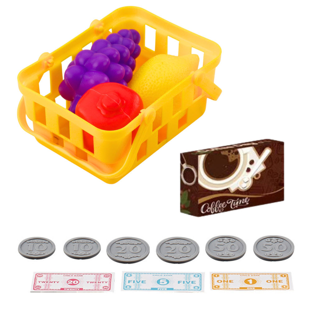 Žaislinis kasos aparatas su priedais ir pirkinių krepšeliu, raudonas