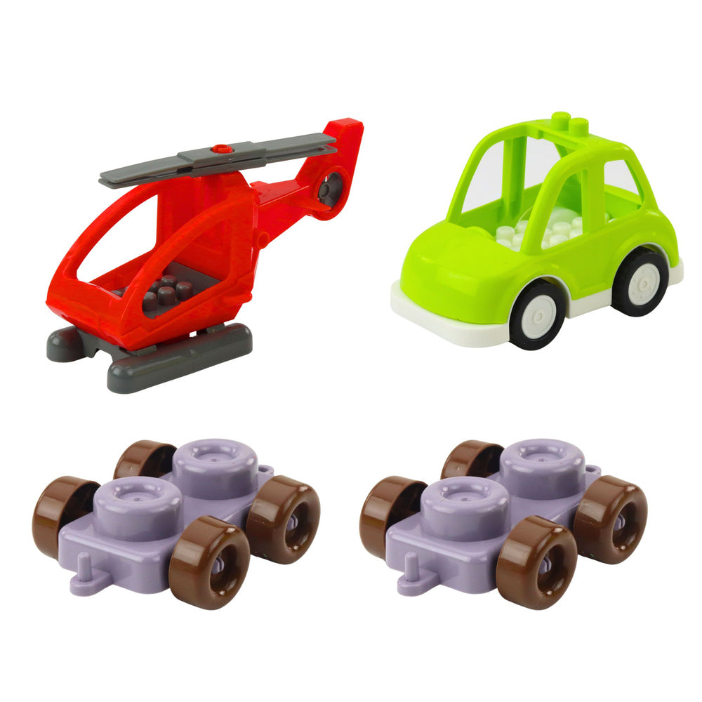 Edukaciniai statybiniai blokai kuprinėje su dinozaurais ir automobiliais 49 vnt.