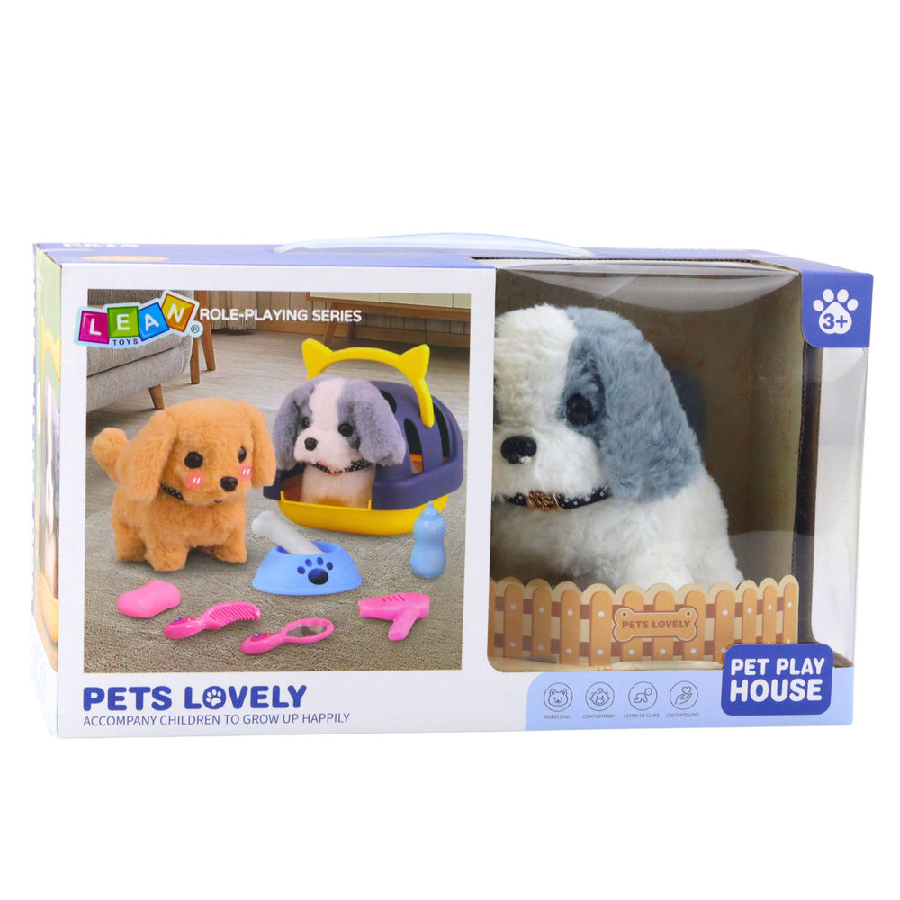 Interaktyvus pliušinis šuo su priedais, pilkai baltas