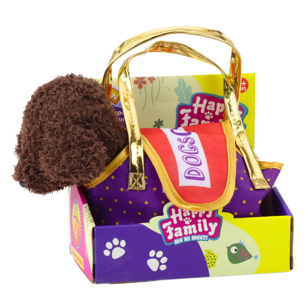 Pliušinis šuniukas pudelis su rankine, tamsiai rudas