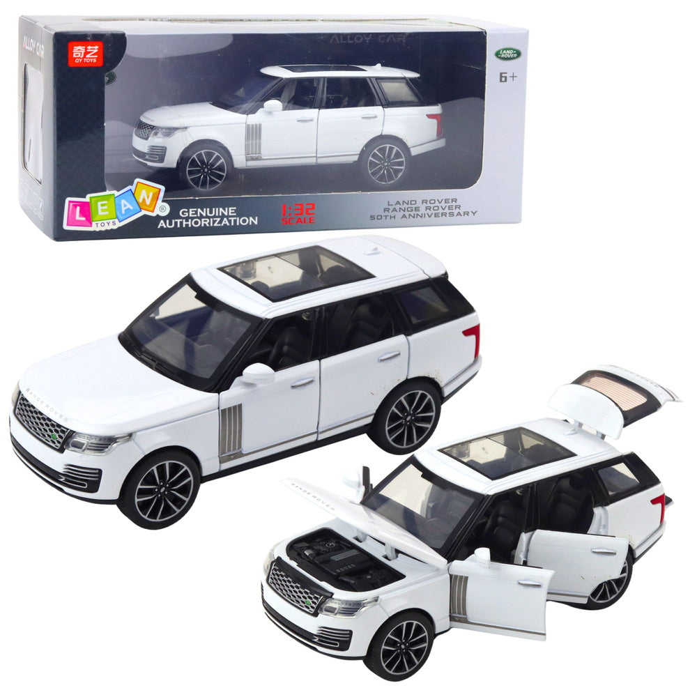 Metalinis Range Rover automobilis su garso ir šviesos efektais 1:32, baltas