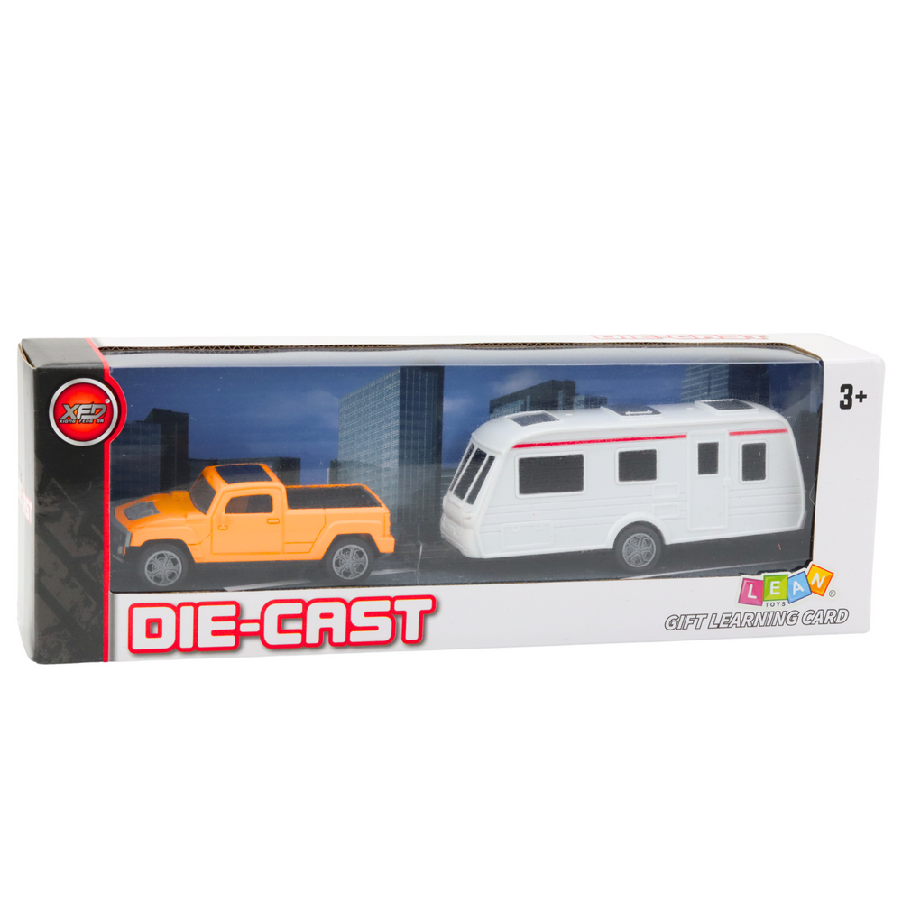 Metalinis automobilio rinkinys su kemperio priekaba, oranžinis