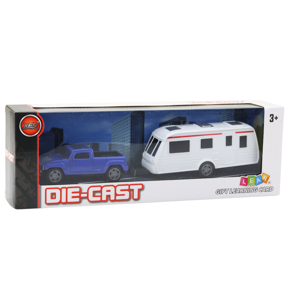 Metalinis automobilių rinkinys su kemperio priekaba, mėlynas