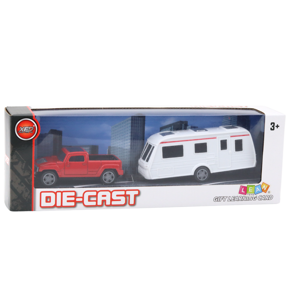 Metalinis automobilio rinkinys su kemperio priekaba, raudonas