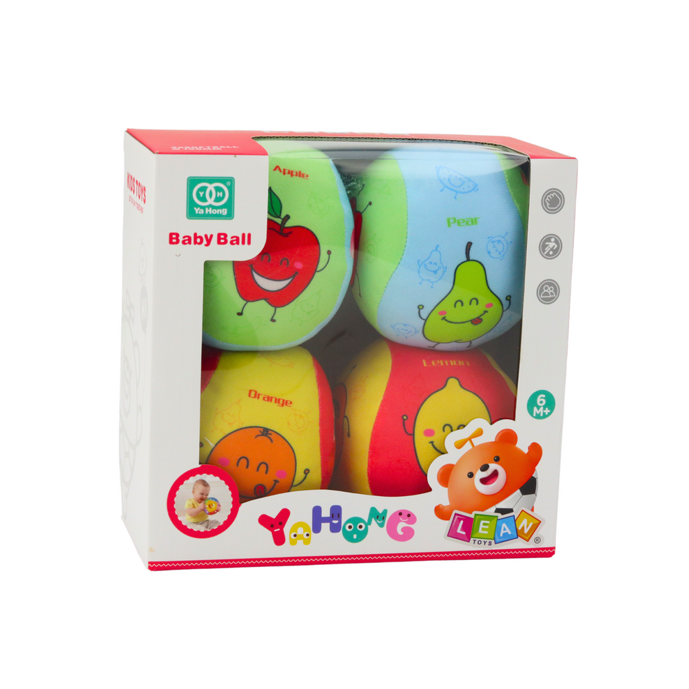 Minkštų kamuoliukų rinkinys vaikams su vaisiais 4 vnt.