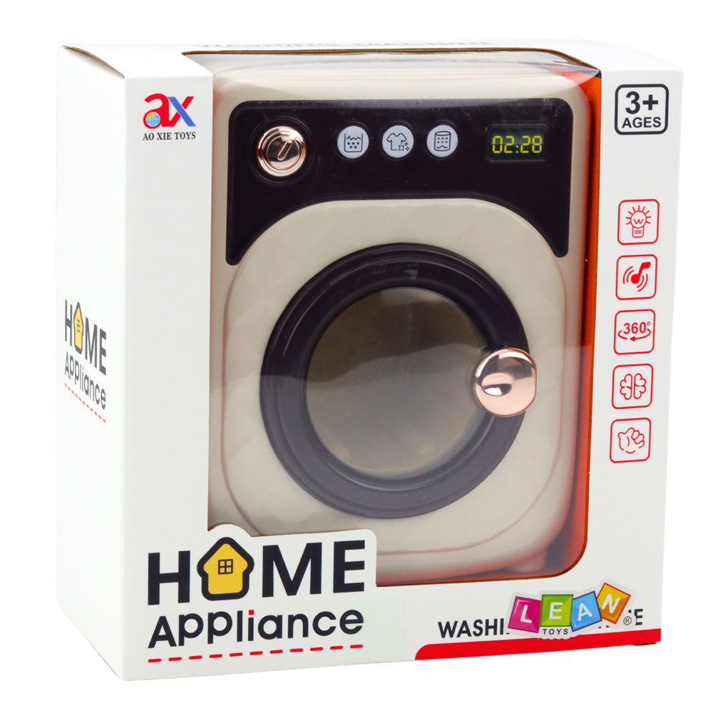 Žaislinė skalbimo mašina su besisukančiu būgnu, garso ir šviesos efektais, balta