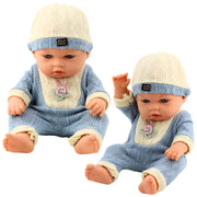 Lėlė kūdikis su megztu mėlynu drabužėliu ir kepurėle