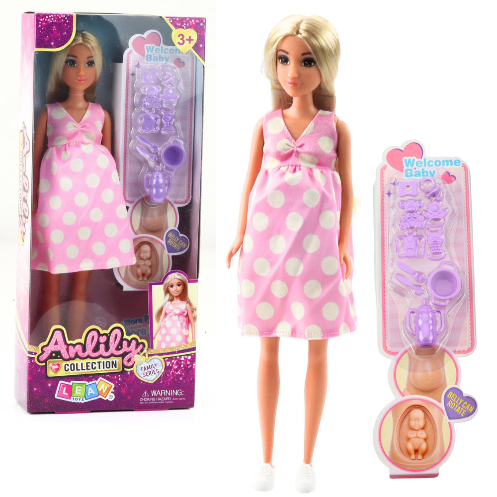 Nėščia lėlė Anlily su rožinė suknele, kūdikiu ir priedais