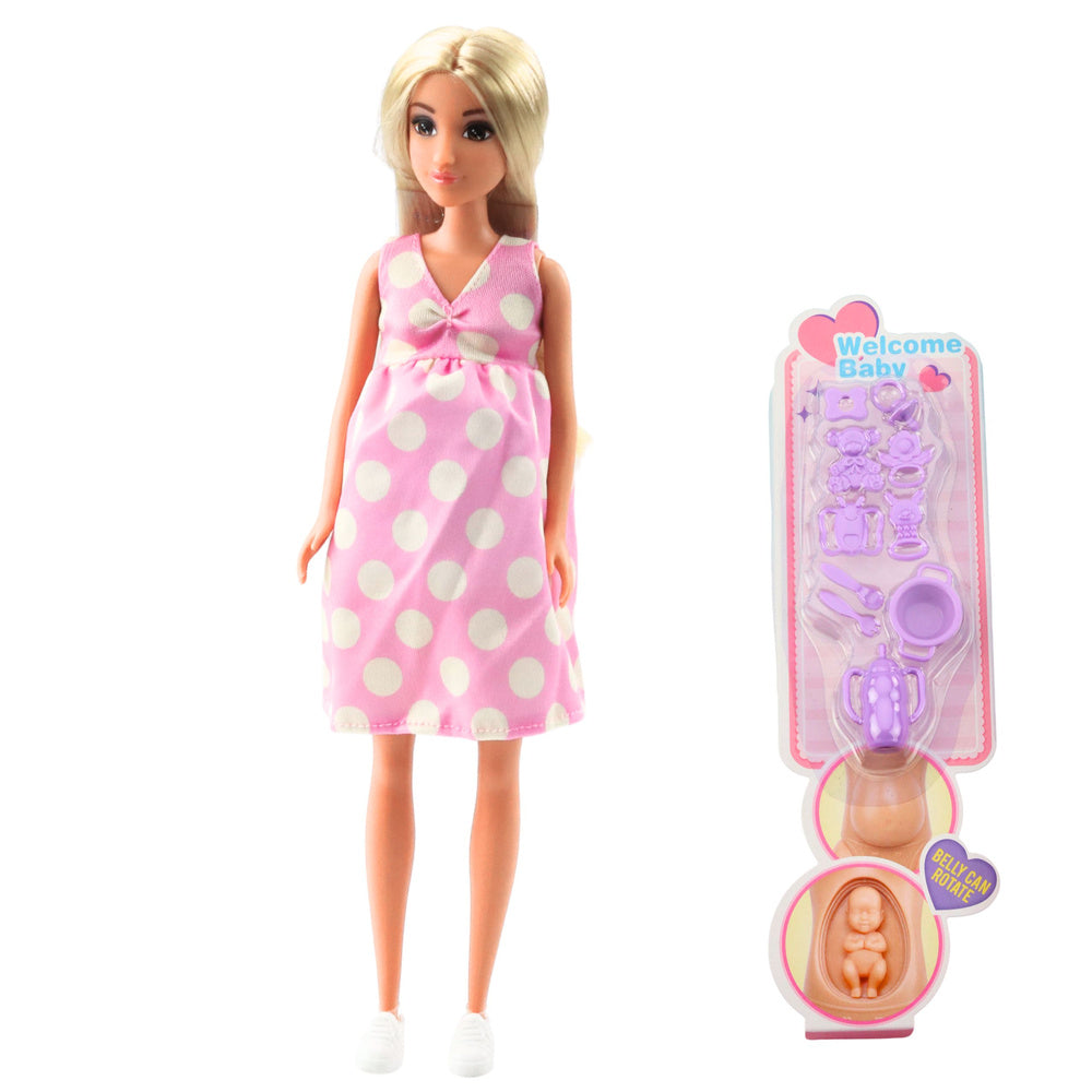 Nėščia lėlė Anlily su rožinė suknele, kūdikiu ir priedais