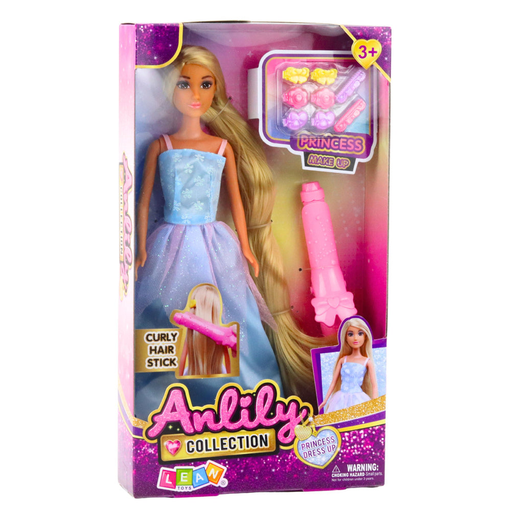 Lėlė Anlily su ilgais plaukais, garbanojimo žnyplėmis ir plaukų segtukais