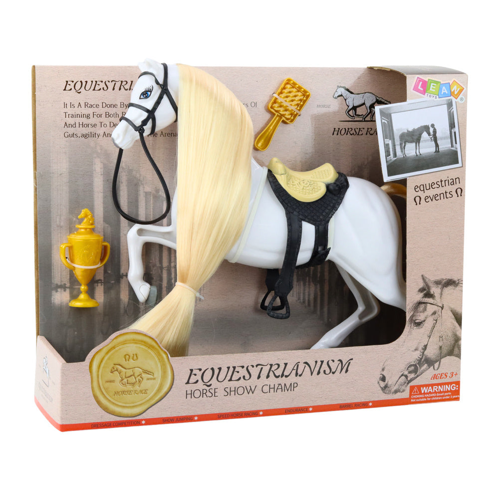 Žaislinis žirgas su ilgais karčiais ir priedais, baltas