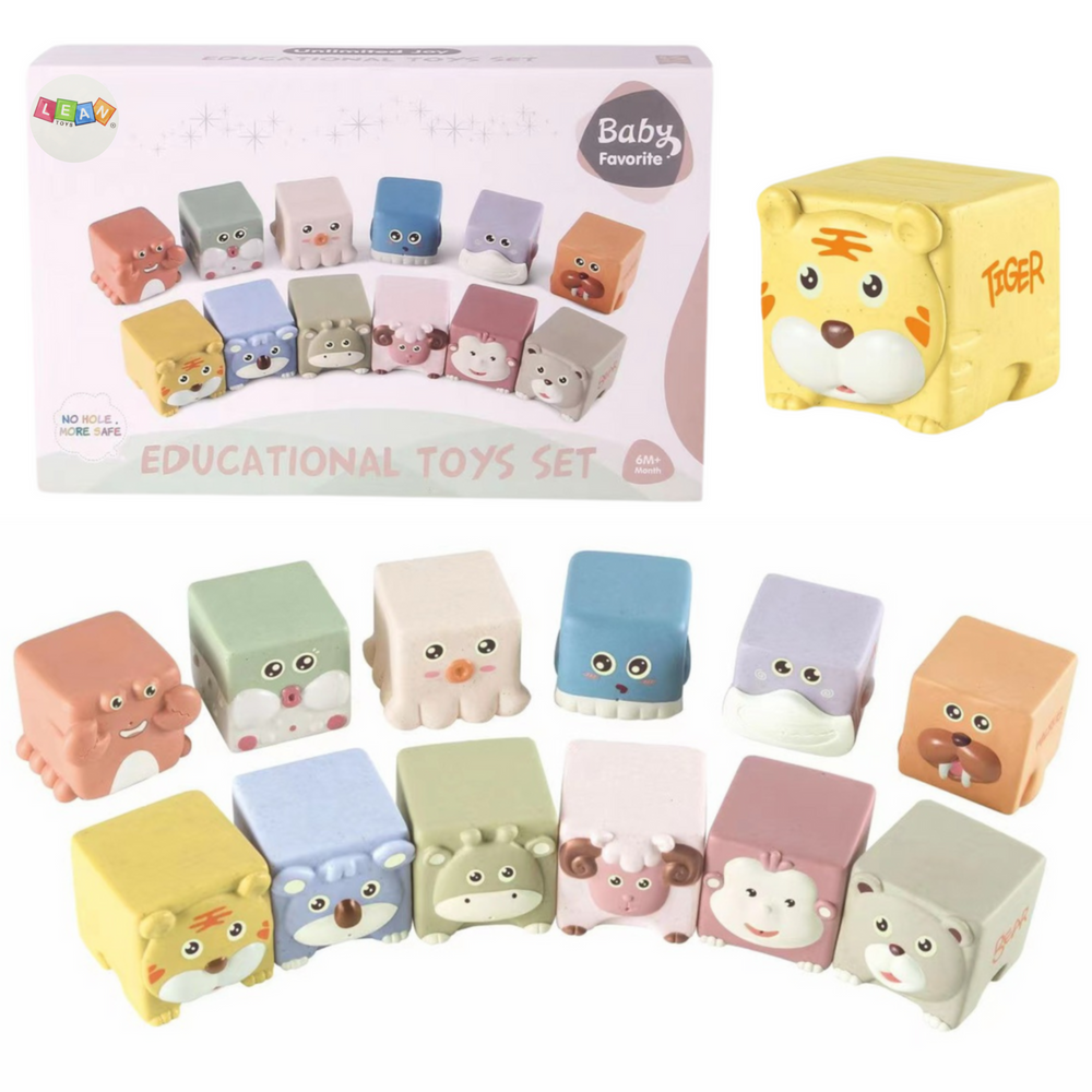 Edukacinių sensorinių blokelių rinkinys su gyvūnų motyvais 12 vnt.