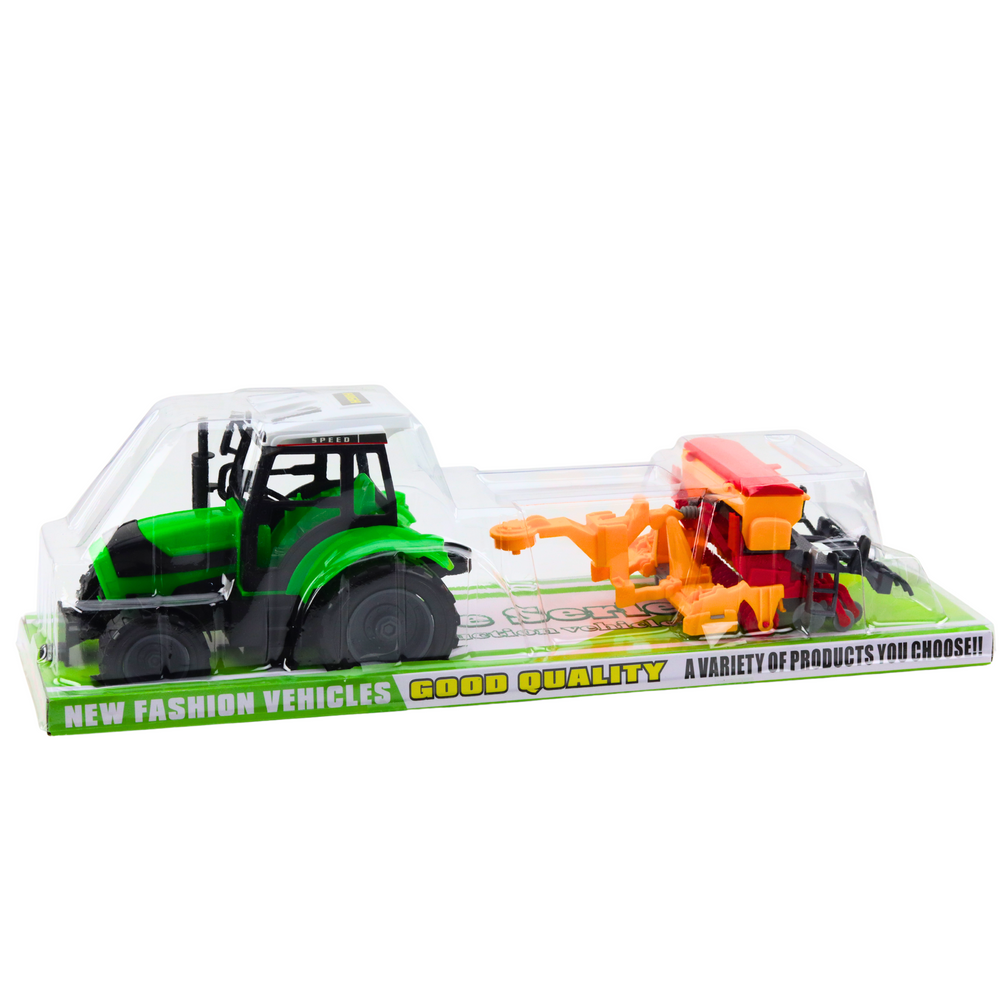 Žaislinio traktoriaus komplektas su sėjamąja, žalias