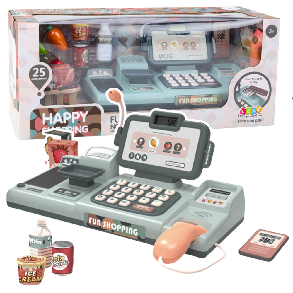 Žaislinis maisto produktų kasos rinkinys su 25 el.
