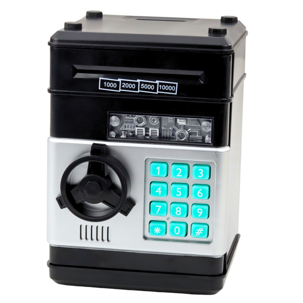 Šiuolaikinis ATM seifas su garso ir šviesos efektais, juodas