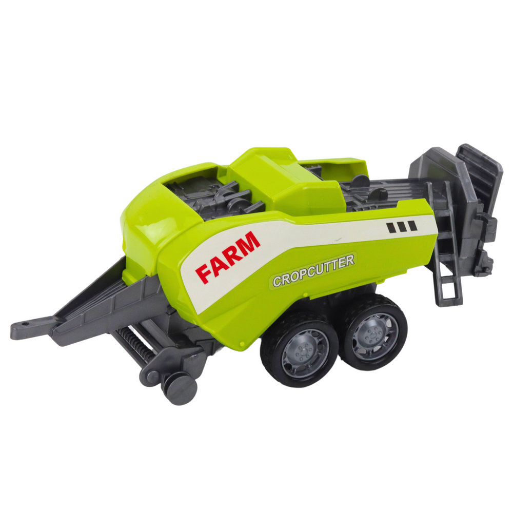 Žaislinis traktorius su krautuvu ir ruloniniu presu, raudonas