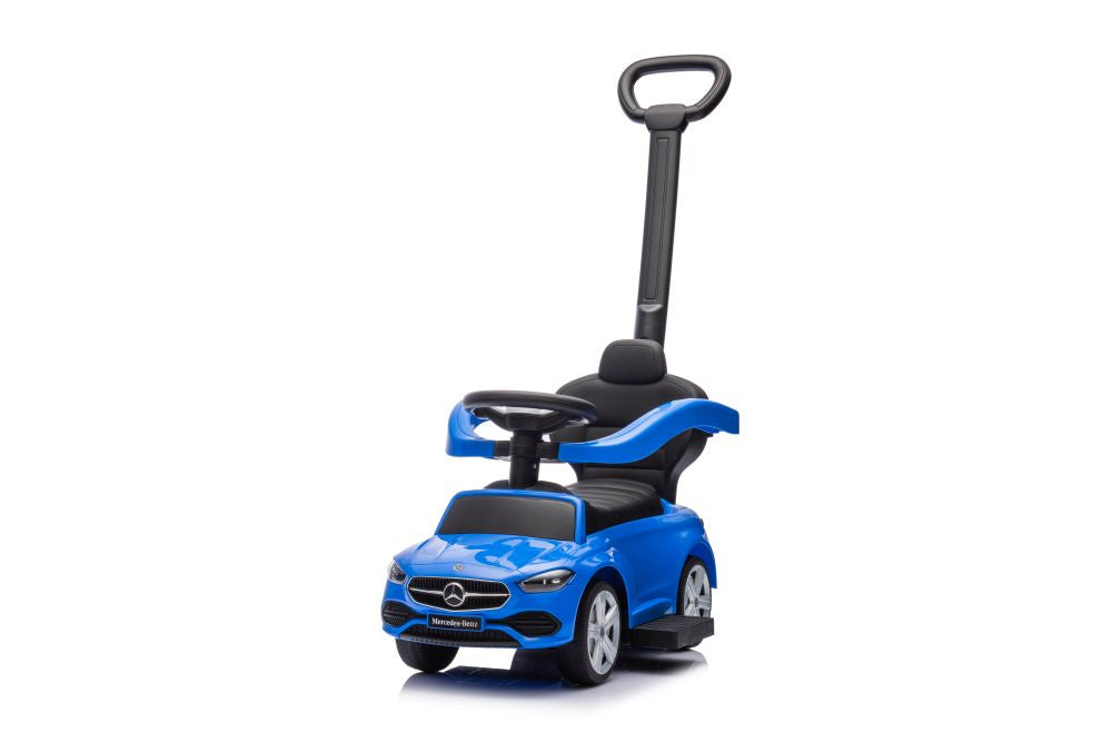Paspiriamas vaikiškas automobilis Mercedes 3in1 su rankena, mėlynas