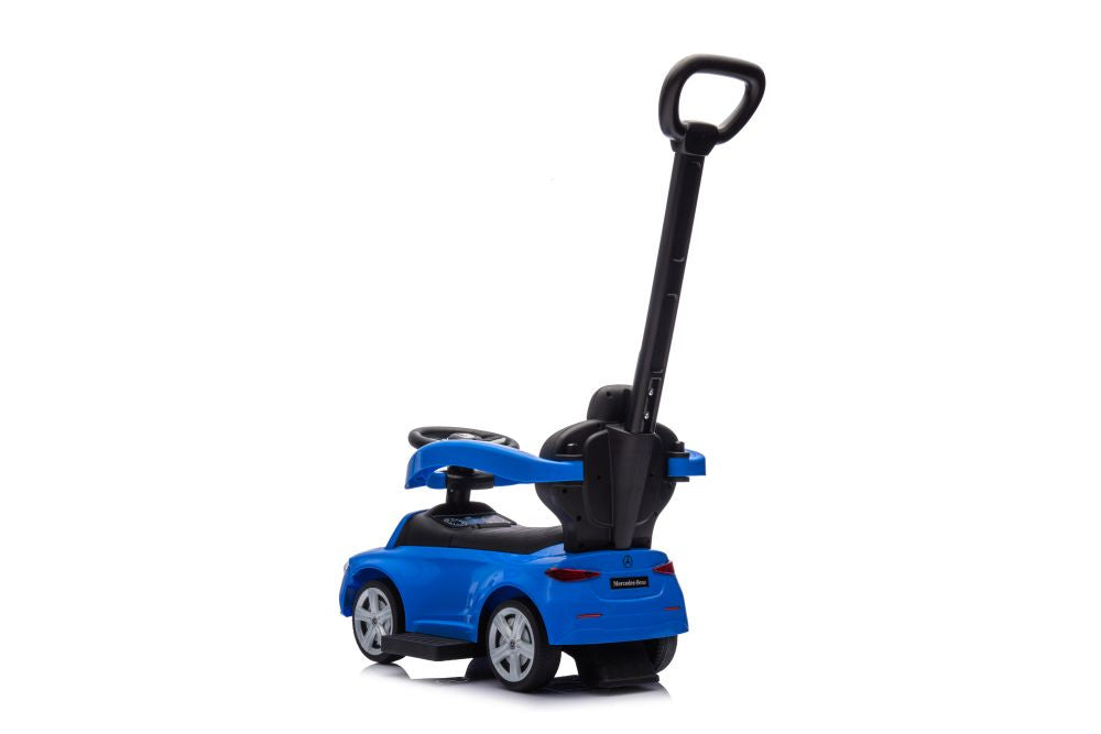 Paspiriamas vaikiškas automobilis Mercedes 3in1 su rankena, mėlynas