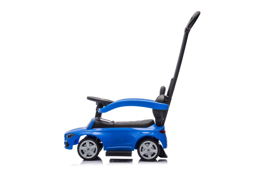 Paspiriamas vaikiškas automobilis Mercedes 3in1 su rankena, mėlynas