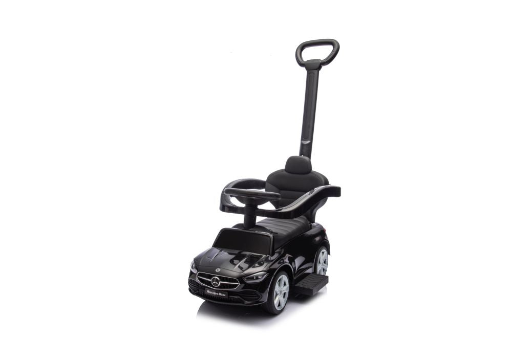 Paspiriamas vaikiškas automobilis Mercedes 3in1 su rankena, juodas