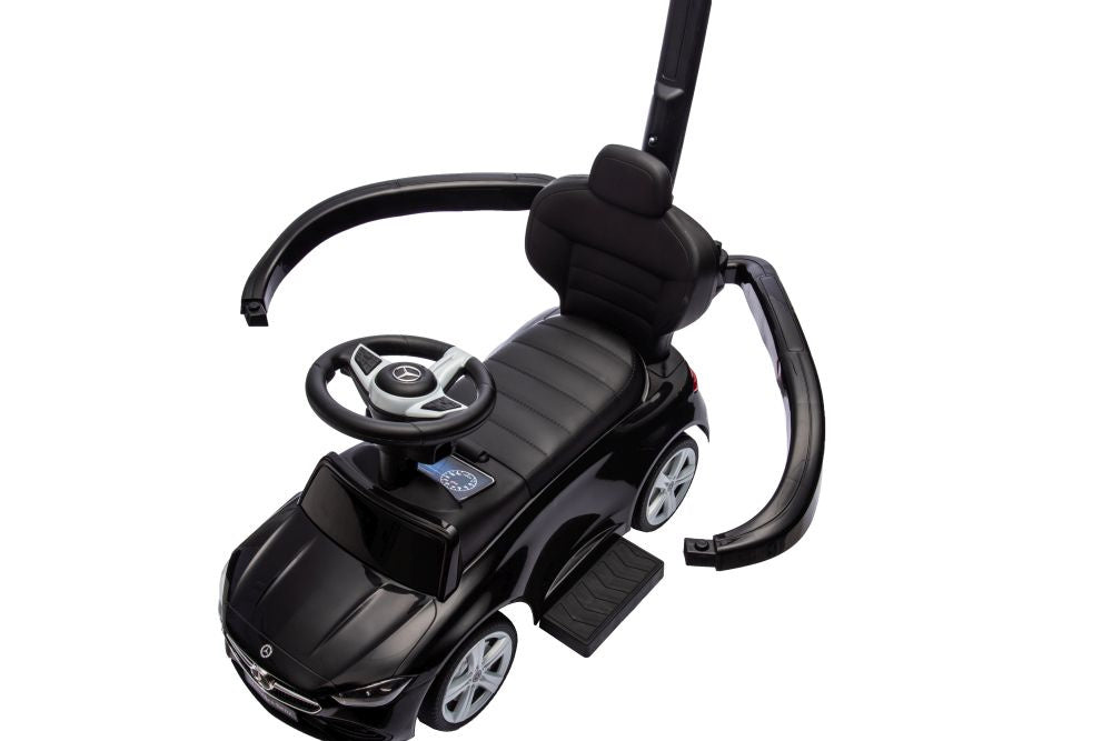 Paspiriamas vaikiškas automobilis Mercedes 3in1 su rankena, juodas