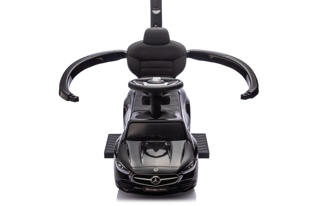 Paspiriamas vaikiškas automobilis Mercedes 3in1 su rankena, juodas