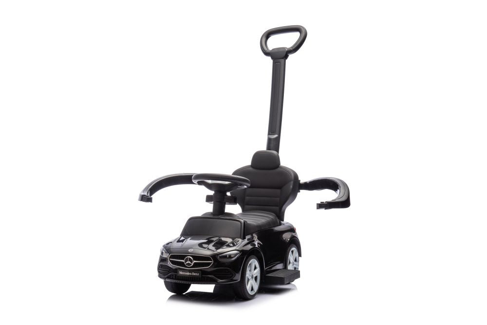 Paspiriamas vaikiškas automobilis Mercedes 3in1 su rankena, juodas