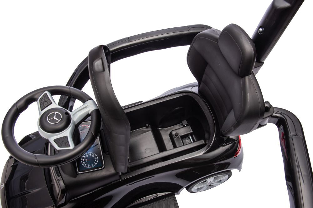 Paspiriamas vaikiškas automobilis Mercedes 3in1 su rankena, juodas