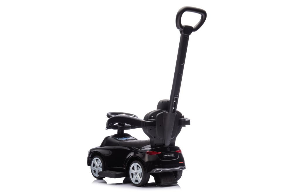 Paspiriamas vaikiškas automobilis Mercedes 3in1 su rankena, juodas