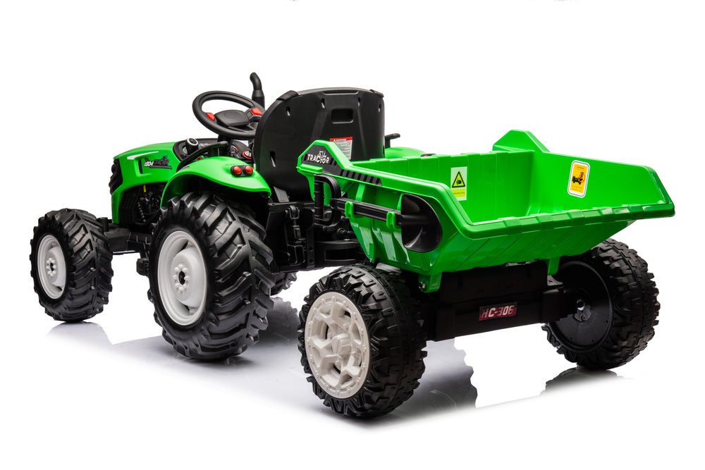 Vienvietis elektrinis traktorius vaikams HC-306 su priekaba 24V, žalias