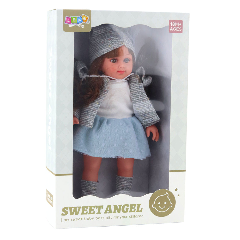 Lėlė su ilgais rudais plaukais ir mėlyna suknele 36,5 cm, Sweet Angel