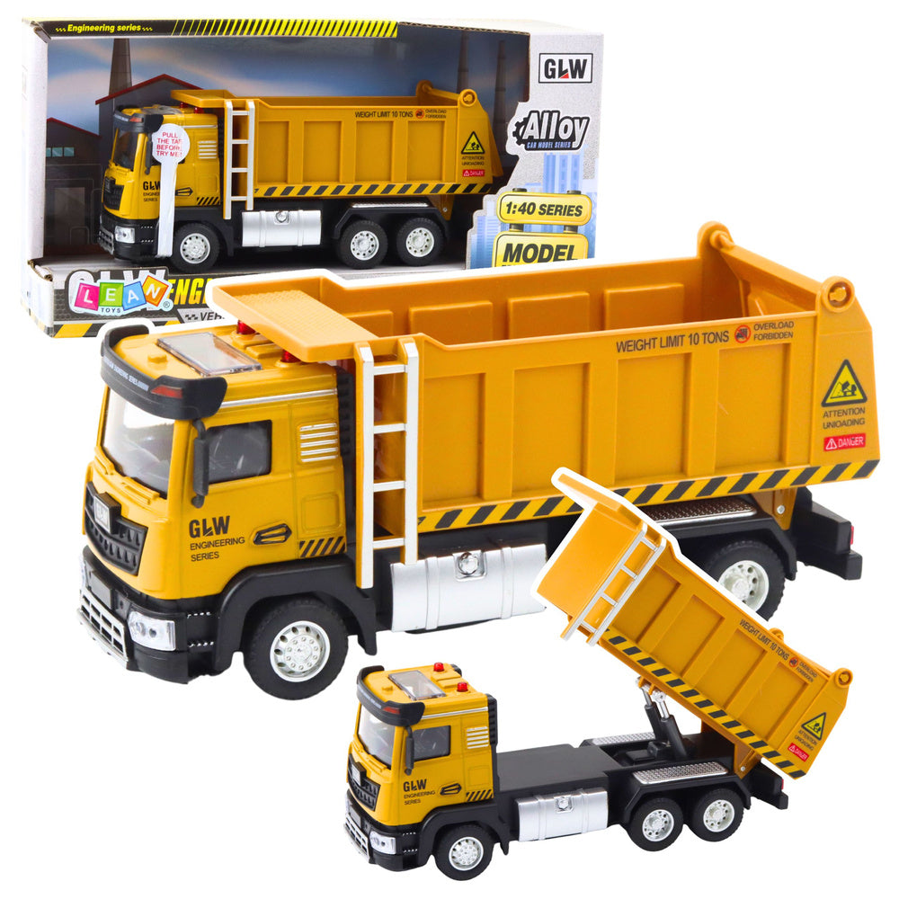 Žaislinis statybinis savivartis su pakeliama priekaba