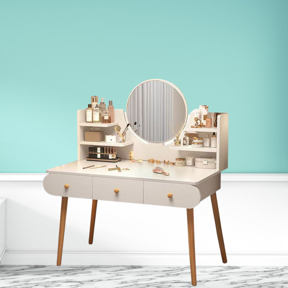 Kosmetikos staliukas su veidrodžiu ir stalčiais, baltas
