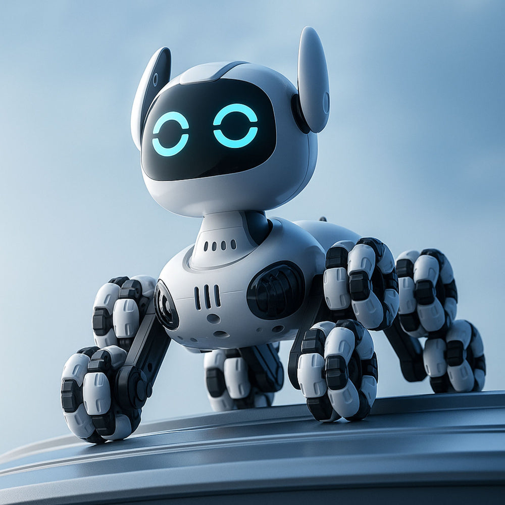 Nuotoliniu būdu valdomas šuo robotas TOOBY 360° šviesos ir garsai, baltas ir juodas