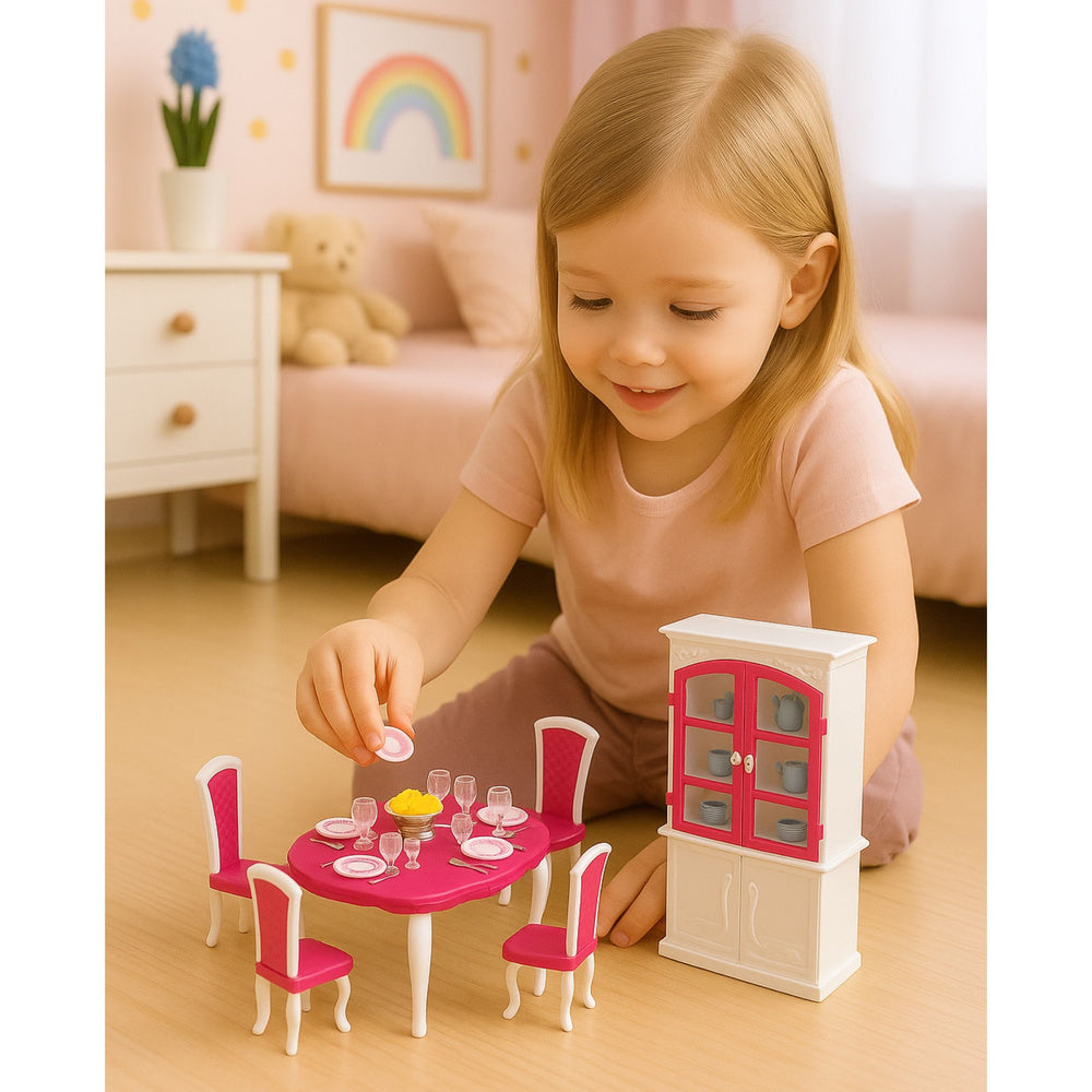 Žaislinis valgomojo komplektas lėlėms su priedais