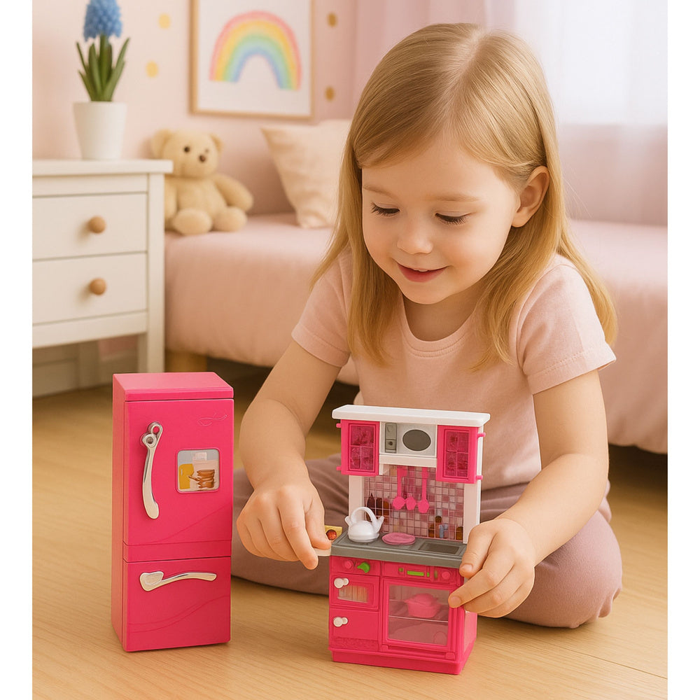 Lėlių virtuvės komplektas su šaldytuvu, orkaite ir priedais, rožinis