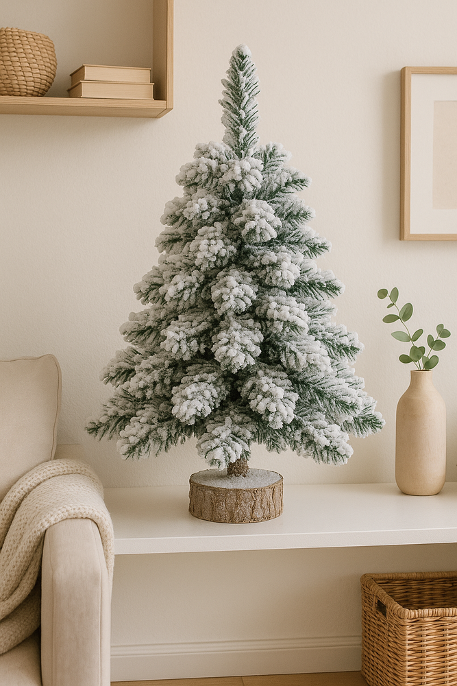 Dekoratyvinė dirbtinė Kalėdų eglutė ant kamieno, padengta sniegu 60x16cm