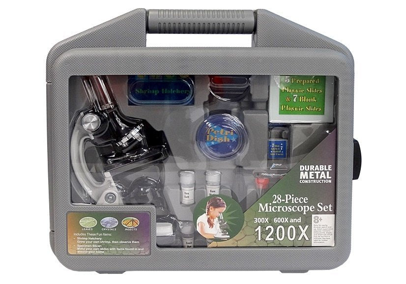 Vaikiškas mikroskopas 300x 600x 1200x lagamine, 28 el.