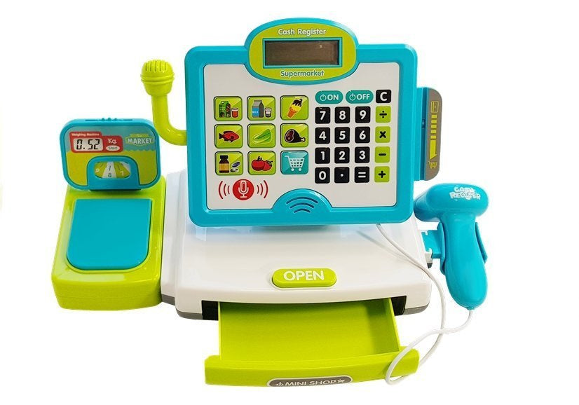 Žaislinis fiskalinis kasos aparatas su priedais, mėlynas